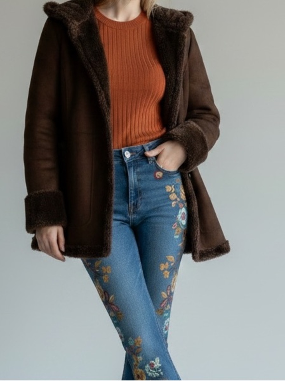Vintage Jones New York Y2K Faux Suede & Fur Hooded Shearling Coat Size L